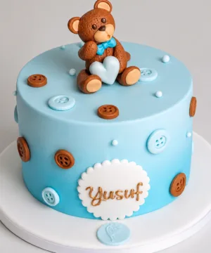 Blue Button Bear Theme Cake