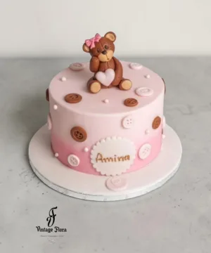 Pink Button Bear Theme Cake & Flowers