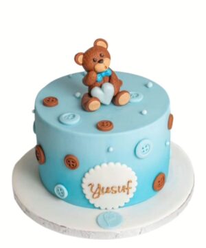 Blue Button Bear Theme Cake & Flowers