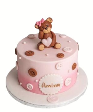 Pink Button Bear Theme Cake & Flowers