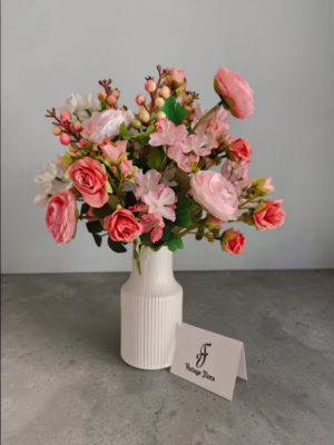 Artificial blush flower arrangement in ceramic vase – Vintage Flora Everlasting Collection